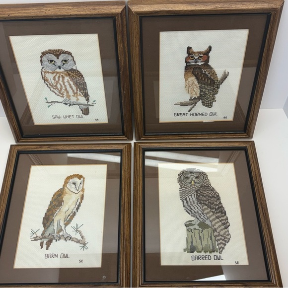 Four VTG 1970s MCM Cottagecore Embroidered Needlepoint Framed Owl 12x9” - Picture 2 of 8